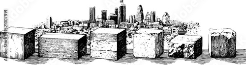 Architectural urban scene with concrete blocks and detailed city skyline engraving