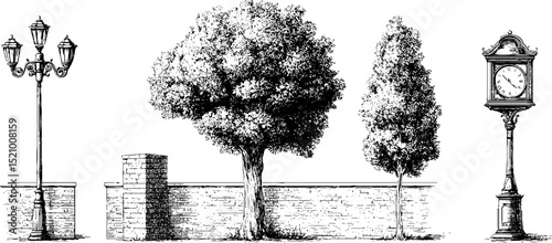 Vintage urban engraving set featuring concrete wall, trees, lamp post, and clock