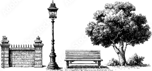 Vintage urban landscape with concrete block fence, tree, bench and lamp post engraving