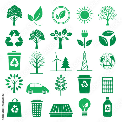 Set of Collection of EcoFriendly Symbols in Vibrant Green Vector Icons
