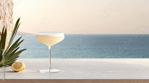 Crystal clear cocktail glass with pale drink sits elegantly stone surface, overlooking serene