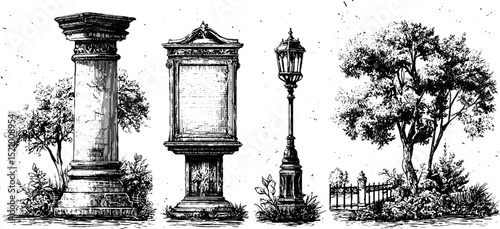 Engraved architectural elements with concrete pillar, historical plaque, and vintage lamp post design