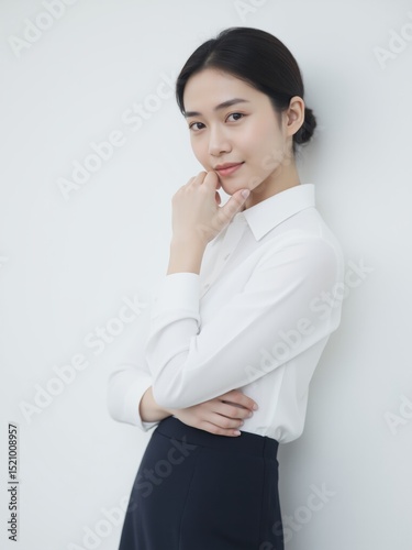 Elegant Asian Businesswoman in Professional Attire, Confident Pose Against Plain Background