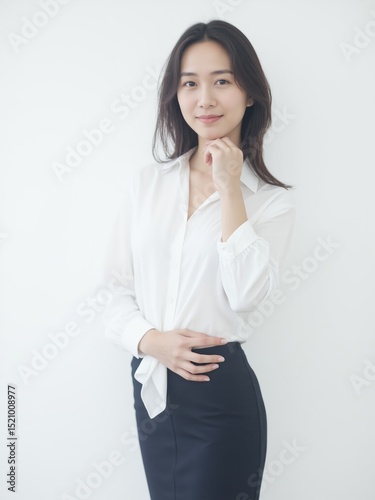 Elegant Asian Businesswoman in Professional Attire, Confident Pose Against Plain Background