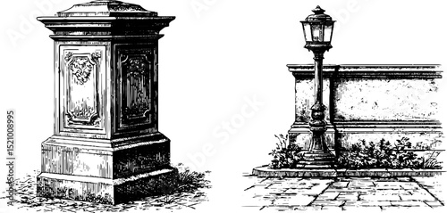Engraved architectural illustration set featuring concrete pillar and urban street lamp