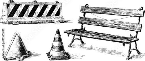Engraved illustration set featuring concrete road dividers and street elements