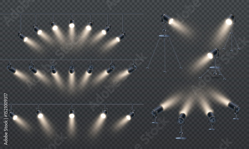 Realistic 3D set of studio spotlights or stage lights. Photo spot, projector, standing lamps isolated on dark transparent background