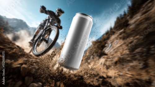 Blank soda can mockup in mid-air with dirt and water splashing around with extreme sport mountain bike trail background for energy drinks commercial horizontal frame