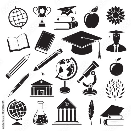 Set of Assortment of Education and Knowledge Icons in Black and White Silhouette