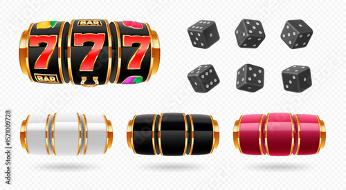 3d casino icon set. Slot machine and dice in different colors and positions. 777 Big win concept and black roll cubes for gamble games