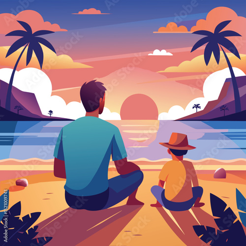 A father and his young son sit closely by the water, enjoying the peaceful ambiance of the beach with gentle waves and sunshine
