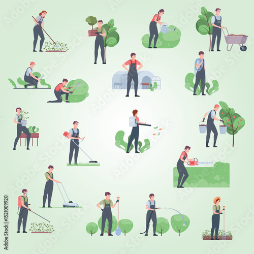 Garden tools and people icon set with flat isolated human characters of gardeners performing different works vector illustration