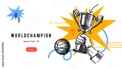 Vector sketch sport background. Collage with trophy and ball hand drawn illustration. Poster, certificate, diploma design.