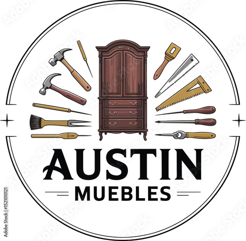 Classic wooden cabinet stands centralized amidst various woodworking tools within a circular frame, transparent background