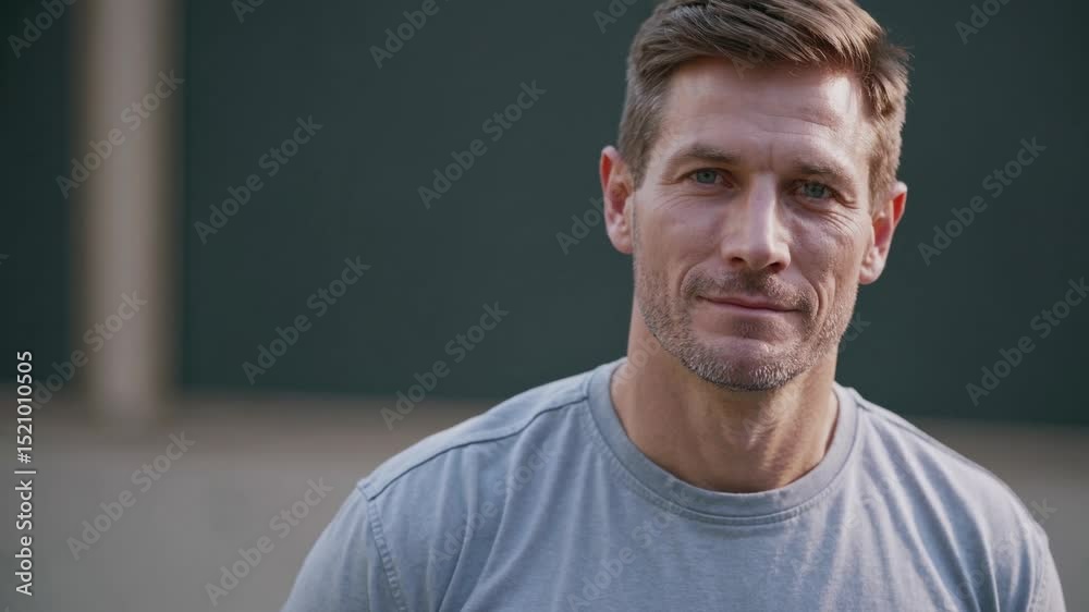 Serene middle aged male in casual gray t shirt standing outdoors, radiating calm confidence with gentle, warm smile and contemplative gaze directly at camera