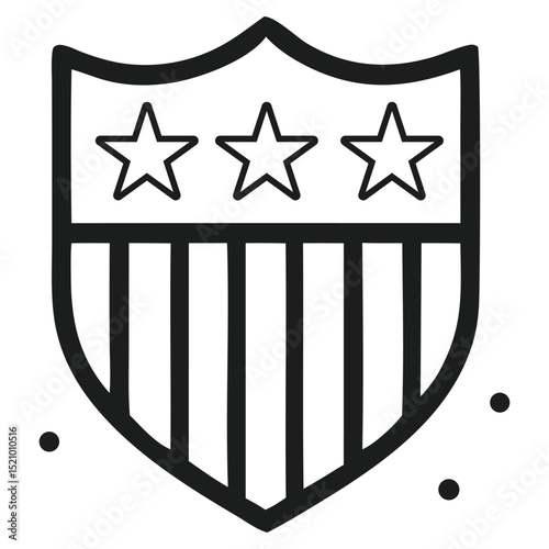 USA Flag Day shield icon with American flag design (stars and stripes). Represents patriotism, national pride, US holidays, and protection. Outline vector.