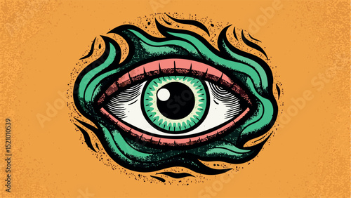 Mystical Eye with Flames Hand Drawn Illustration on Orange