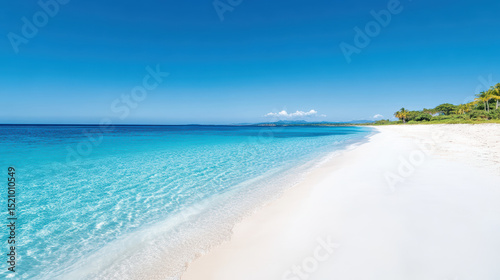 Calm beach setting with mirrorlike aqua waves and rich blue sky creates serene atmosphere