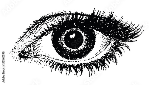 Scared eye, collage element with vintage stipple photocopy effect, with retro grainy texture. Vector illustration for grunge psychedelic surreal poster or tattoo in 90s aesthetic