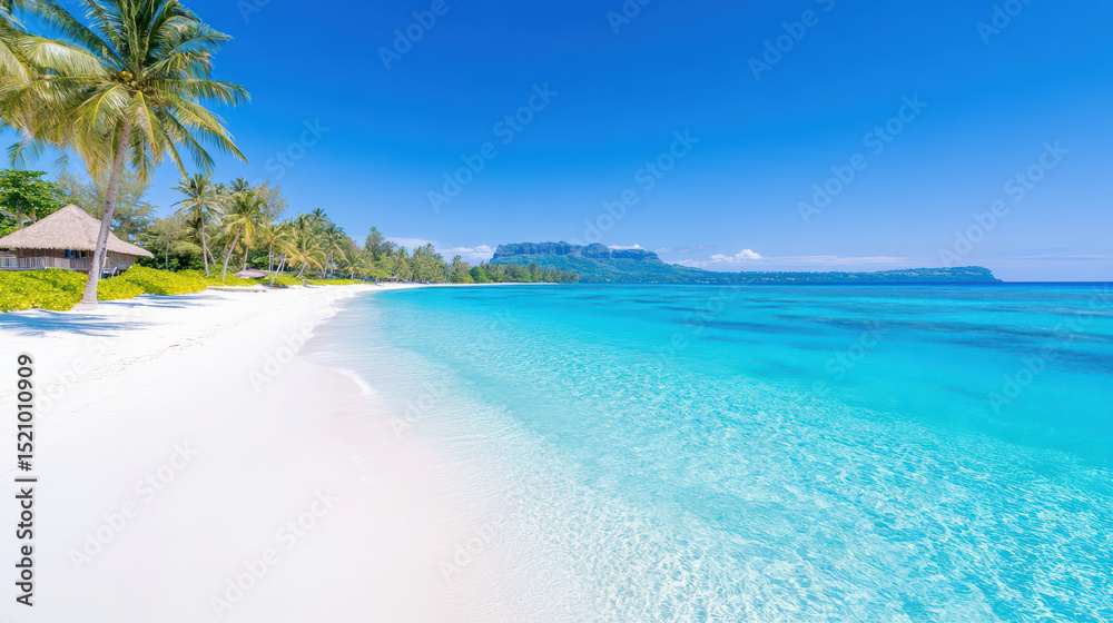 Fototapeta premium Serene beach scene with soft white sand, clear aqua water, and lush palm trees bright blue sky