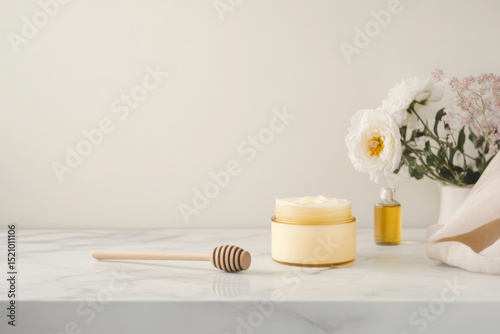 Natural skincare set with honey, cream, and botanical elements on marble surface