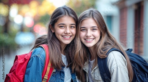 Two happy young teenage school girls with backpacks are going to school 