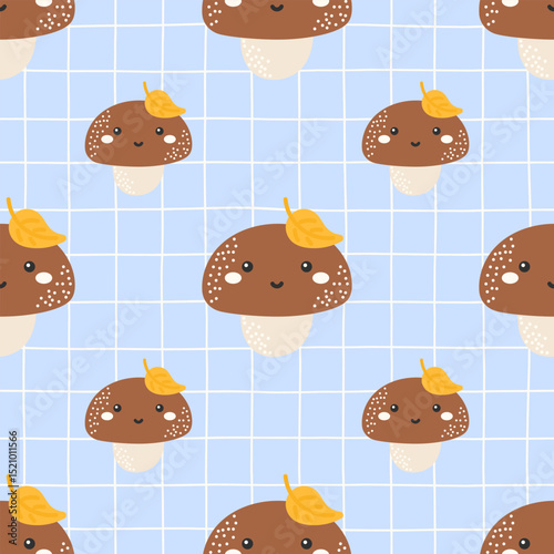 Seamless kawaii mushroom pattern with cute champignon faces. Ideal for kids textiles, autumn wrapping paper, and forest-themed designs