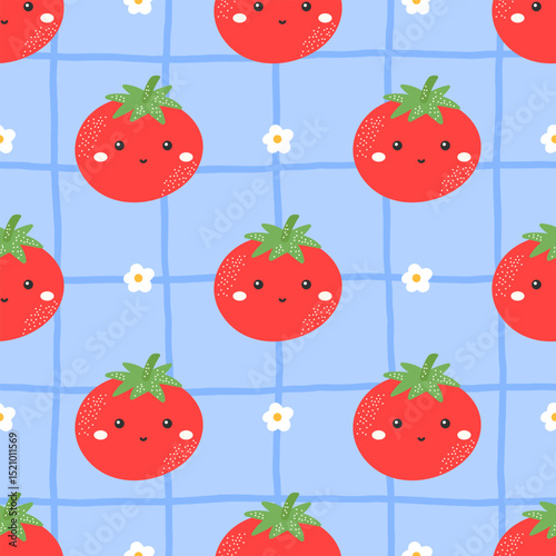 Cute vector seamless tomato pattern with smiling kawaii faces. Great for kids products, vegan food packaging, and playful fabric prints