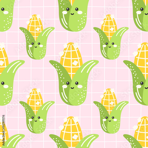 Seamless kawaii corn pattern with cute champignon faces. Ideal for kids textiles, autumn wrapping paper, and forest-themed designs