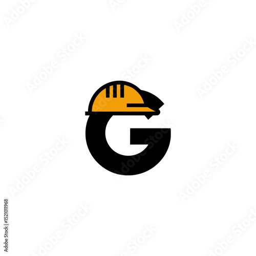 Letter G Construction Helmet Icon Graphic, Stylized black letter "G" wearing a yellow construction helmet, symbolizing labor, safety, or industrial design branding.

