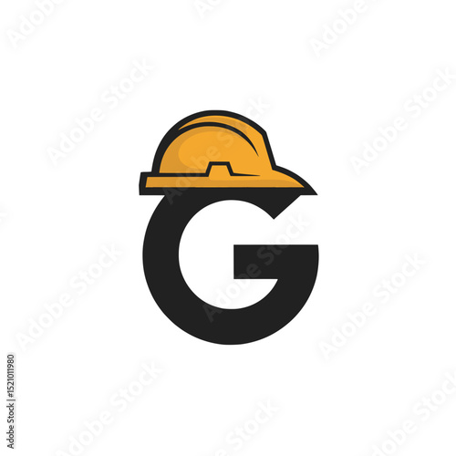 Letter G Construction Helmet Icon Graphic, Stylized black letter "G" wearing a yellow construction helmet, symbolizing labor, safety, or industrial design branding.

