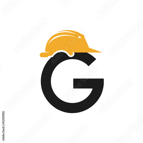 Letter G Construction Helmet Icon Graphic, Stylized black letter "G" wearing a yellow construction helmet, symbolizing labor, safety, or industrial design branding.

