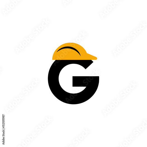Letter G Construction Helmet Icon Graphic, Stylized black letter "G" wearing a yellow construction helmet, symbolizing labor, safety, or industrial design branding.

