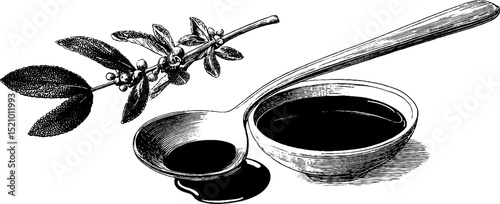 Engraved illustration of curry udon and soup set with herbs for culinary design