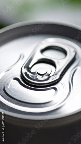 A metallic beverage can top is displayed up close, highlighting the pull tab mechanism and smooth surface. Reflections on the can create an interesting visual effect.