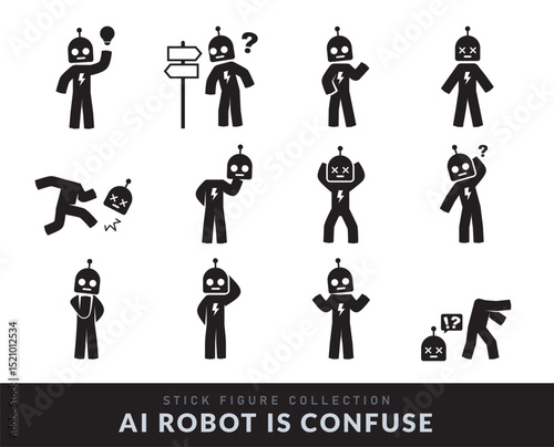 Various Poses of the Confused AI Robot. Various pose of Stick Figure. Vector Illustration