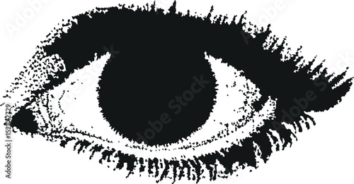 Scared eye, collage element with vintage stipple photocopy effect, with retro grainy texture. Vector illustration for a grunge, psychedelic, surreal poster or tattoo in a 90s aesthetic.