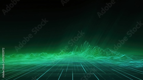 Glowing Wireframe Geometric Pattern in Digital Space with Neon Green Lines and Data Pulses. Abstract Network Design Concept.