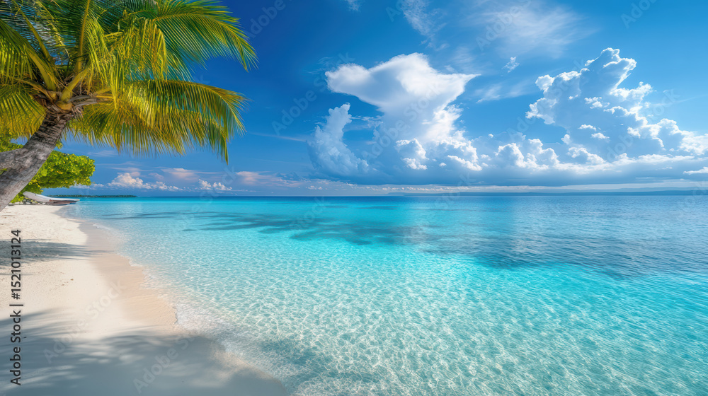 Fototapeta premium Serene tropical beach with clear turquoise water, soft white sand, and palm trees swaying gently