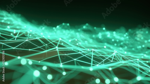 Glowing Wireframe Geometric Pattern in Digital Space with Neon Green Lines and Data Pulses. Abstract Network Design Concept.