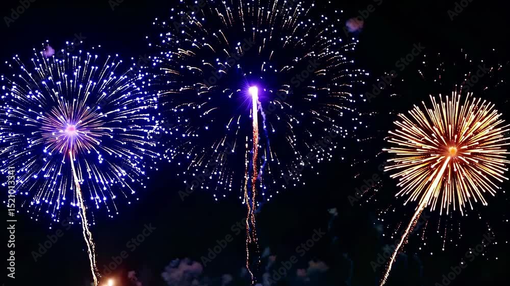 Colorful fireworks exploding in night sky, symbolizing celebration, holiday joy, public event and vibrant light display tradition in festive setting