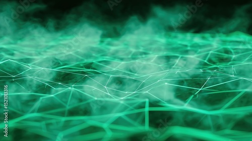 Glowing Wireframe Geometric Pattern in Digital Space with Neon Green Lines and Data Pulses. Abstract Network Design Concept.