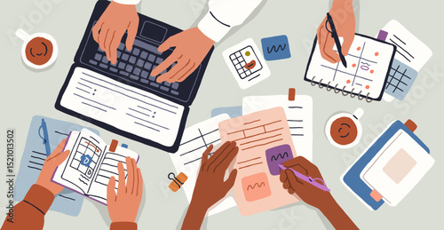 Office team at table, top view. Business hands at corporate desk at meeting, planning work with laptop, notebook, calendar and coffee, writing notes. Teamwork concept. Flat vector illustration