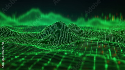 Glowing Wireframe Geometric Pattern in Digital Space with Neon Green Lines and Data Pulses. Abstract Network Design Concept.