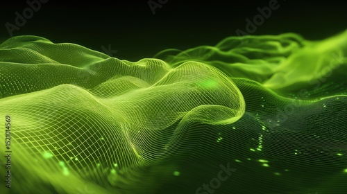 Glowing Wireframe Geometric Pattern in Digital Space with Neon Green Lines and Data Pulses. Abstract Network Design Concept.