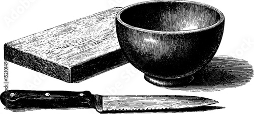 Engraved illustration of a rustic culinary set featuring a wooden cutting board, knife, and bowl. Vintage-style detailed sketch