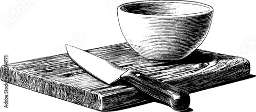 Vintage culinary tools featuring cutting board, knife, and bowl for kitchen design