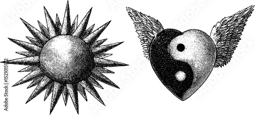 Engraved cyber star and yin yang heart with wings design set for creative projects