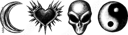 Engraved illustration set featuring cyber star, metal heart, skull, and yin yang symbols