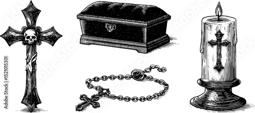 Gothic style engraved illustrations set featuring cross, coffin, candle, and petal motifs for halloween decor